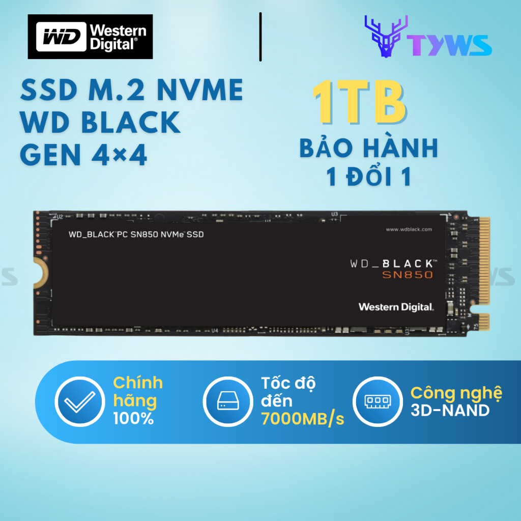 Ổ Cứng SSD M.2 NVMe 1TB WD Black SN850 Western Digital Gen 4×4 cho PlayStation 5/Laptop/PC - Bảo hành 1 đổi 1 SN8501TB