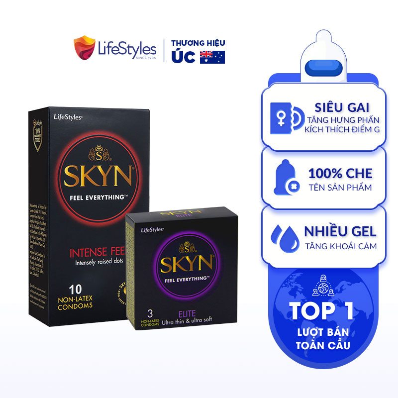 Combo Bao cao su Lifestyles Skyn Intense Nonlatex 10 bao + 1 hộp bao cao su Skyn Elite 3 bao