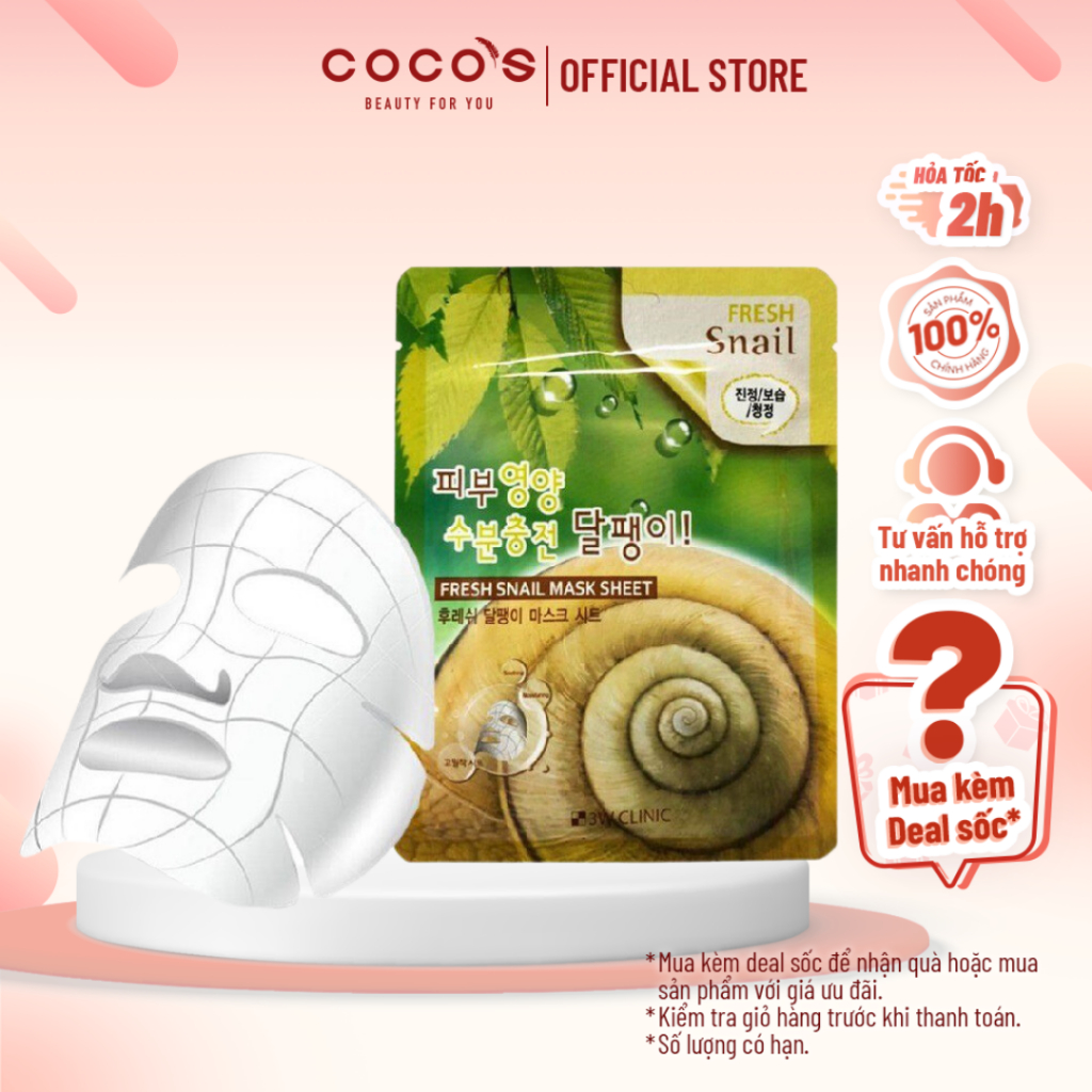 [Mã COSCOCOT4 -8% đơn 250K] Mặt Nạ Ốc Sên Hàn Quốc 3W Clinic Fresh Snail Mask Sheet 23ml