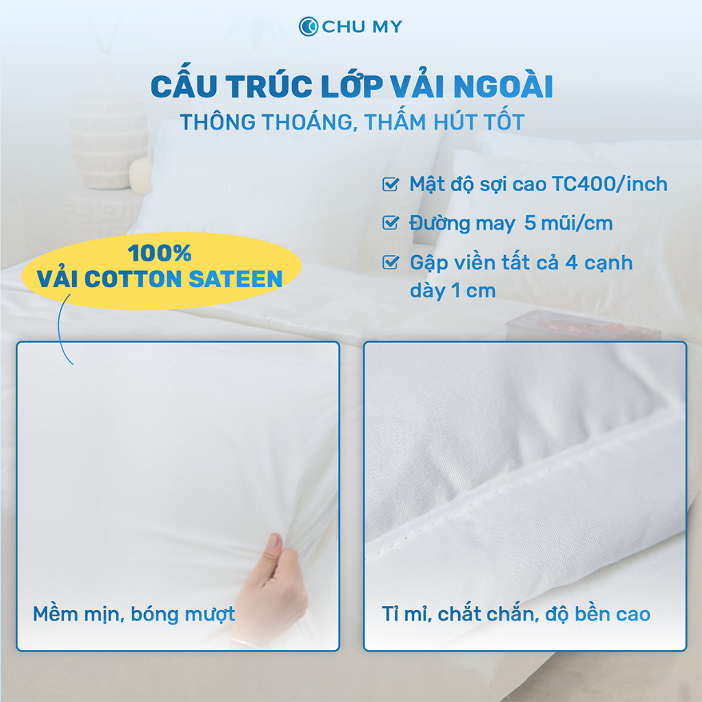 Bộ chăn ga trắng CHUMY kèm chăn, chất liệu cotton sateen 100%, mật độ sợi T400 tiêu chuẩn khách sạn 5 sao