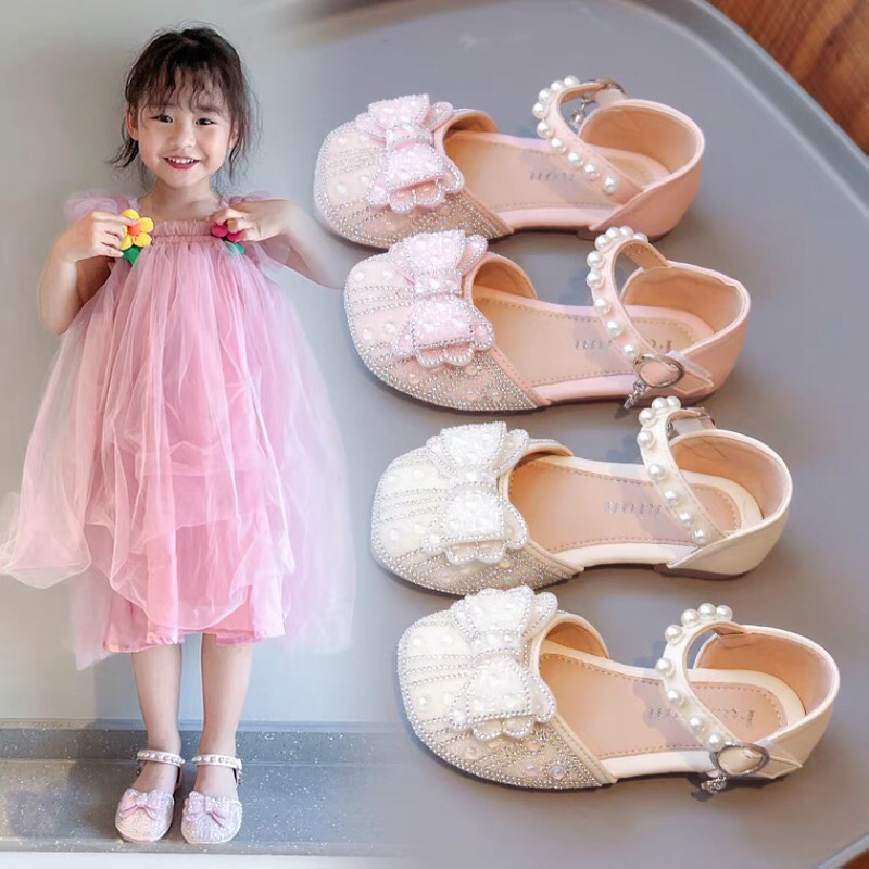 Sandal công chúa quai ngang đính đá phối nơ điệu đà dành cho bé gái