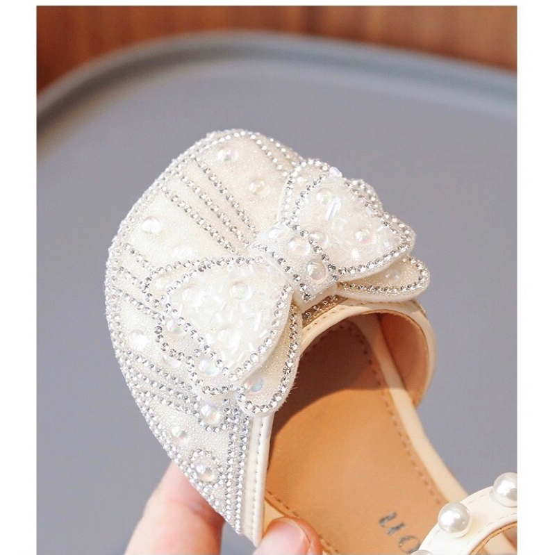 Sandal công chúa quai ngang đính đá phối nơ điệu đà dành cho bé gái