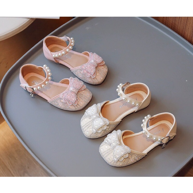 Sandal công chúa quai ngang đính đá phối nơ điệu đà dành cho bé gái