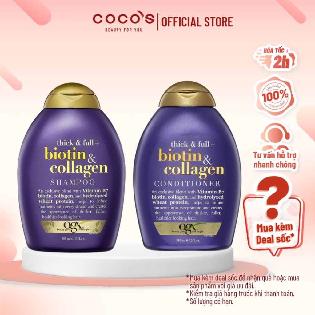 Bộ 2 Chai Dầu Gội Và Dầu Xả Dưỡng Dày Tóc OGX Thick & Full + Biotin & Collagen (385ml/Chai)