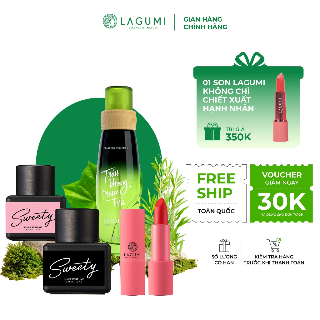 Set 4 món Dung dịch vệ sinh, Nước hoa vùng kín, Son hạnh nhân không chì Lagumi chăm sóc toàn diện