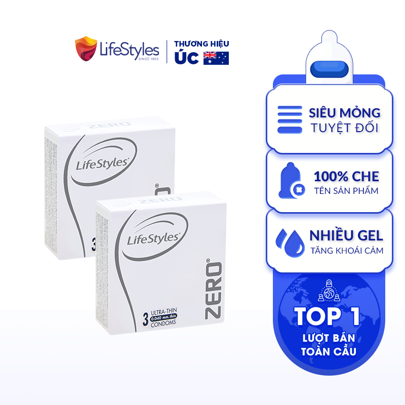 Combo 2 Bao Cao Su Siêu Mỏng Vô Hình Truyền Nhiệt Nhanh LifeStyles ZERO Nhiều Gel Bôi Trơn Tăng Khoái Cảm - Hộp 3 bao