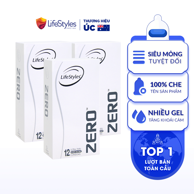 Combo 3 Bao Cao Su Siêu Mỏng Vô Hình Truyền Nhiệt Nhanh LifeStyles ZERO Nhiều Gel Bôi Trơn Tăng Khoái Cảm - Hộp 12 bao