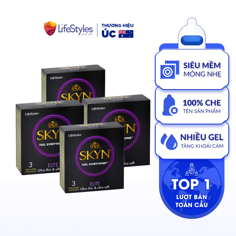 Combo 4 Bao Cao Su Non-latex Siêu Mềm Siêu Mỏng LifeStyles SKYN ELITE Không Mùi Cao Su, Không Gây Dị Ứng - Hộp 3 bao