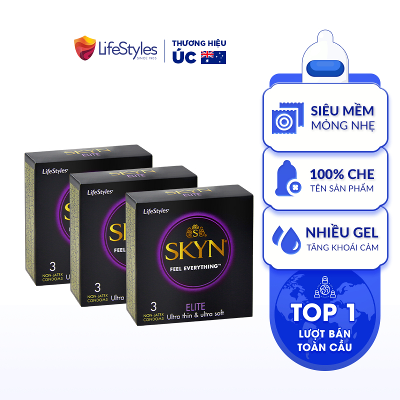 Combo 3 Bao Cao Su Non-latex Siêu Mềm Siêu Mỏng LifeStyles SKYN ELITE Không Mùi Cao Su, Không Gây Dị Ứng - Hộp 3 bao