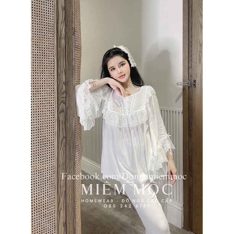 Sét đồ ngủ pijama tiểu thư bánh bèo phối ren tay lửng xinh xỉu