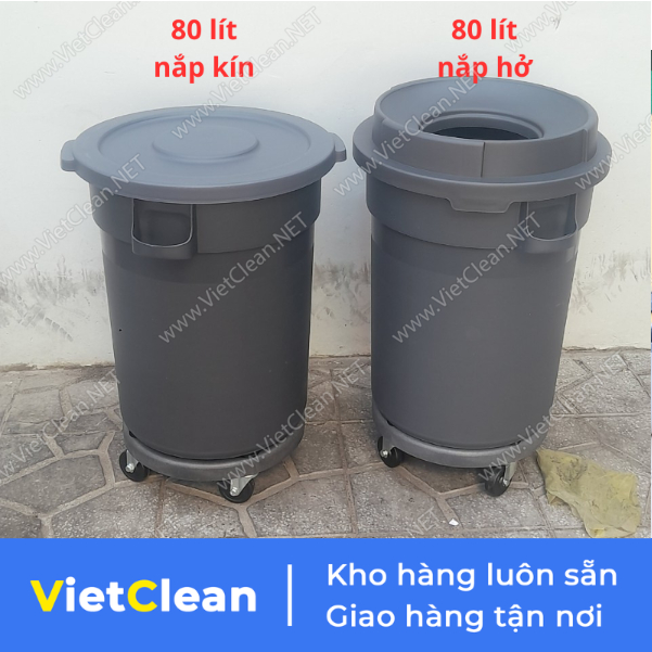 Thùng nhựa tròn có bánh xe, nắp hở VietClean, chất liệu nhựa cao cấp, dung tích 80l, 120l
