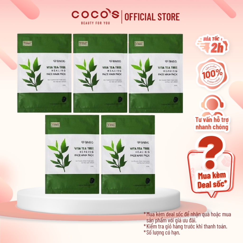 Combo 5 Mặt Nạ Giấy Chiết Xuất Tràm Trà Dành Cho Da Mụn BNBG Vita Tea Tree Healing Facial Mask 30ml x 5 [BNBG TEA TREE]