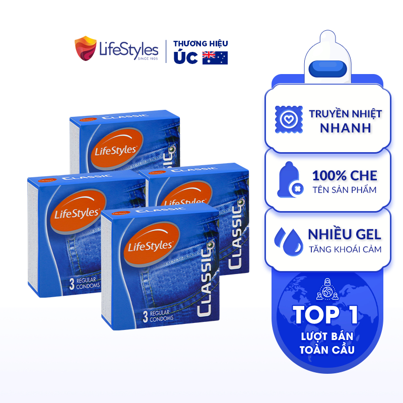 Combo 4 Bao Cao Su Ôm Sát Nhiều Gel Bôi Trơn LifeStyles Classic Thiết Kế Mỏng Chuẩn Size 100% Không Rách Bao - Hộp 3 bao