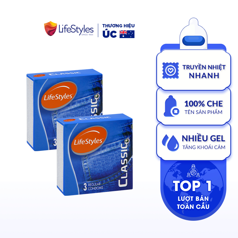 Combo 2 Bao Cao Su Ôm Sát Nhiều Gel LifeStyles Classic Thiết Kế Mỏng Chuẩn Size 100% Không Rách Bao - Hộp 3 bao