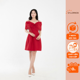 Váy Thiết Kế Cao Cấp Màu Đỏ Đính Nơ Sang Trọng, Đầm Dự Tiệc, Đầm Đi Chơi Trễ Vai - D’lories Official