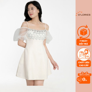 Váy Đầm Thiết Kế Ren Trắng Đính Đá Tinh Xảo Sang Trọng. Đầm Trễ Vai Đi Tiệc, Đi Chơi Thiết Kế Thanh Lịch