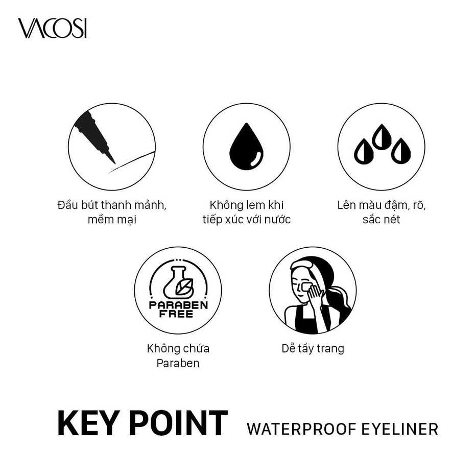 Bút Kẻ Mắt Nước Không Trôi Siêu Lì VACOSI WATERPROOF EYELINER - Đầu Bút Dạ, 2 màu mực Đen / Nâu đen