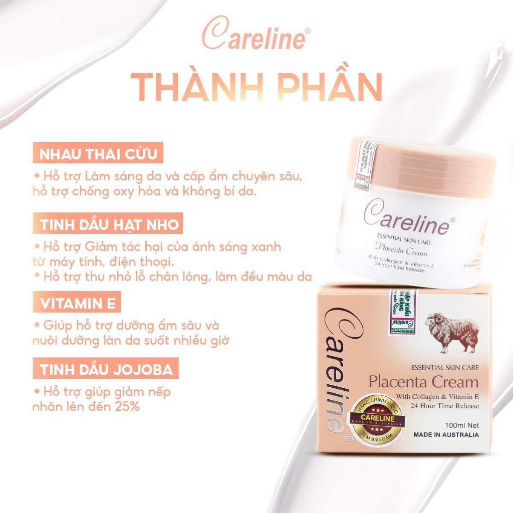 Kem nhau thai cừu CARELINE Placenta Cream - Kem cừu giúp dưỡng ẩm, ngăn ngừa vết nhăn 100ml