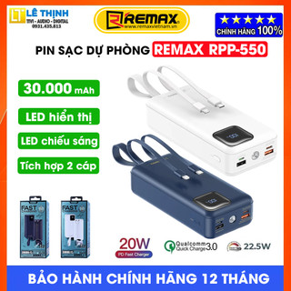 Pin sạc dự phòng sạc nhanh remax rpp-550 suji series 30000mah tích hợp 2 cáp sạc và đèn pin- hỗ trợ qc 22.5w và pd 20w