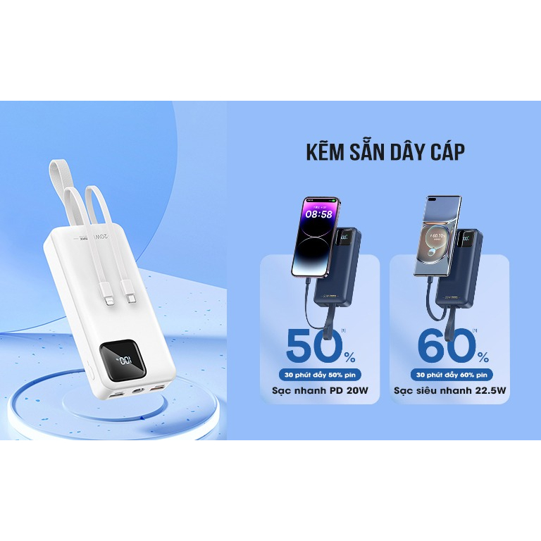 Pin sạc dự phòng sạc nhanh Remax RPP-550 Suji Series 30000mAh tích hợp 2 cáp sạc và đèn pin- hỗ trợ QC 22.5W và PD 20W