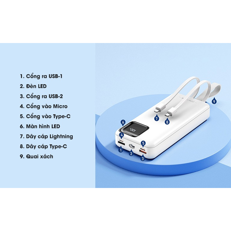 Pin sạc dự phòng sạc nhanh Remax RPP-550 Suji Series 30000mAh tích hợp 2 cáp sạc và đèn pin- hỗ trợ QC 22.5W và PD 20W