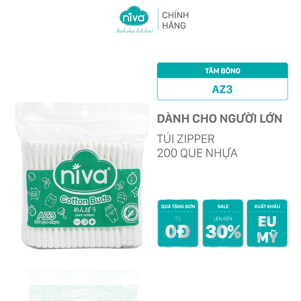 Tăm Bông Niva Túi 200 Que Thân Nhựa Dành Cho Người Lớn AZ3 Đa Năng Chuyên Dùng Ngoáy Tai, Vệ Sinh, Trang Điểm