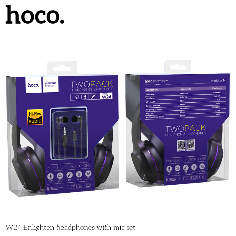 Combo/ Bộ 2 tai nghe, Headphones &amp; Earphones - Hoco W24 - Màu đen, viền tím