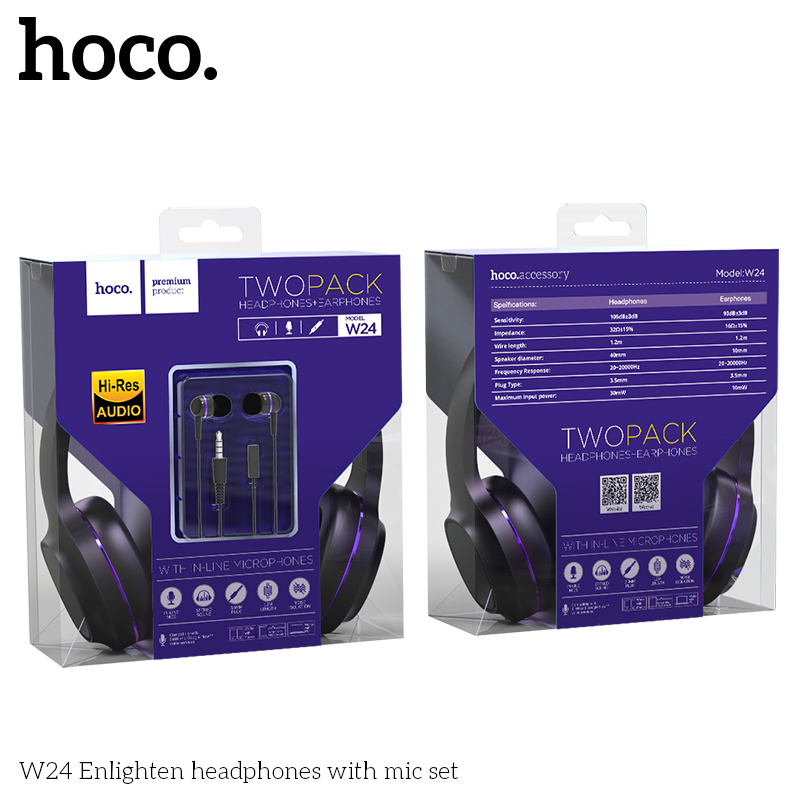 Combo/ Bộ 2 tai nghe, Headphones & Earphones - Hoco W24 - Màu đen, viền tím