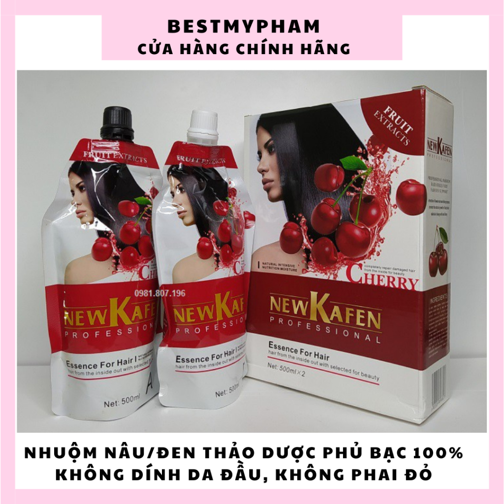 Nhuộm Phủ Bạc Đen Nâu NewKafen Cherry 100% Không Dính Da Đầu Không Phai Đỏ Bền Màu 500ML Bestmypham