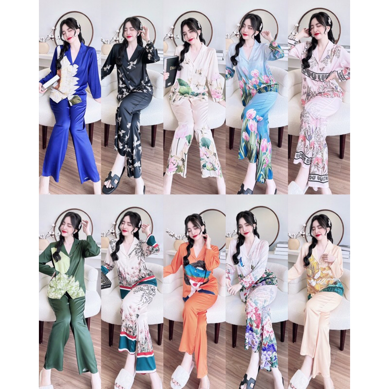 Đồ mặc nhà lụa mềm,mịn,mát,áo tay dài quần dài hoạ tiết sang chảnh mặc thoáng mát,size40-60kg