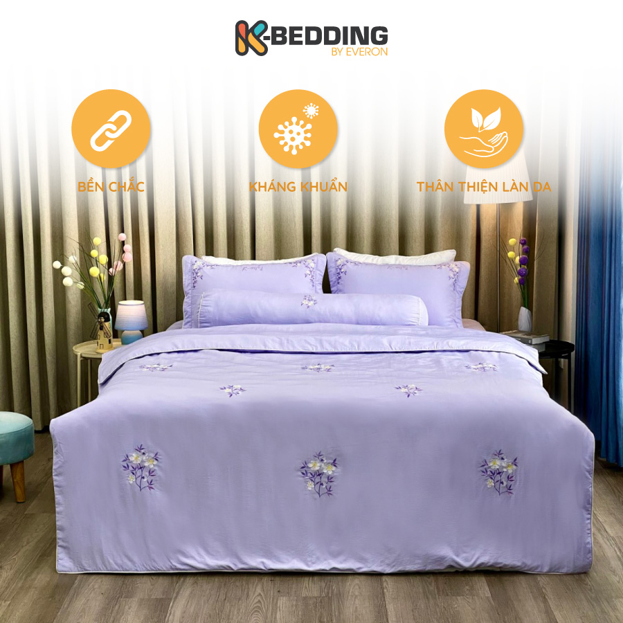 Bộ ga giường chần bông K-bedding By Everon Màu Tím KMTS104 họa tiết thêu (4 món, không bao gồm chăn)
