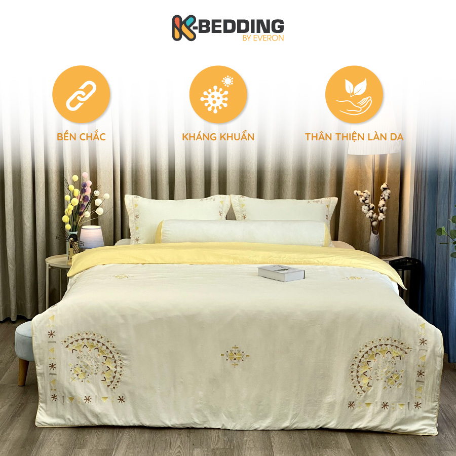 Bộ ga giường chần bông K-bedding By Everon Màu Vàng KMTS102 họa tiết thêu (4 món, không bao gồm chăn)