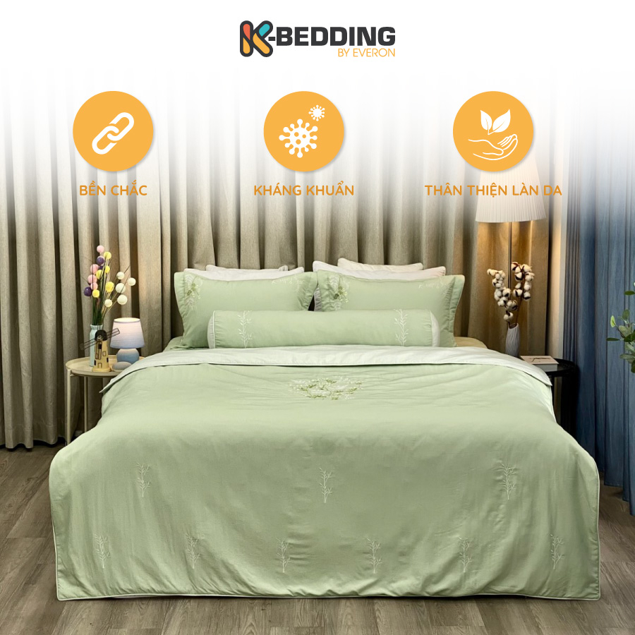 Bộ ga giường chần bông K-bedding By Everon Màu Xanh Ngọc KMTS103 họa tiết thêu(4 món, không bao gồm chăn)
