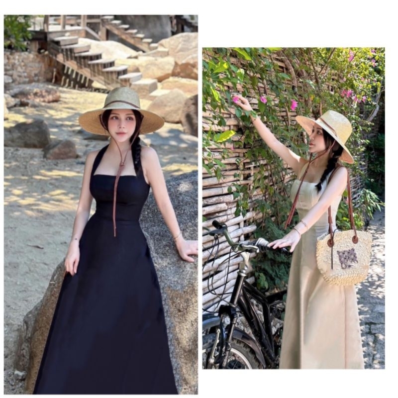 đầm maxi yếm linen mùa hè