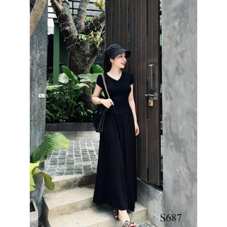 Set đầm thun chất borip áo rút eo cổ chữ V basic kèm chân váy suông dài thanh lịch,phù hợp mặc đi chơi,đi dạo biển MTB