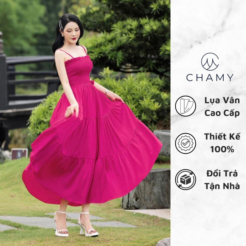 Đầm Nữ 𝐂𝐇𝐀𝐌𝐘 Dasia Dáng Xòe 3 Tầng Bồng Bềnh Nhấn Hoa Đeo Cổ Chất Lụa Vân Cao Cấp