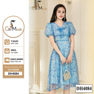 Đầm công sở CITI MODE FASHION thiết kế xoè hoa xanh cổ tim DH4084
