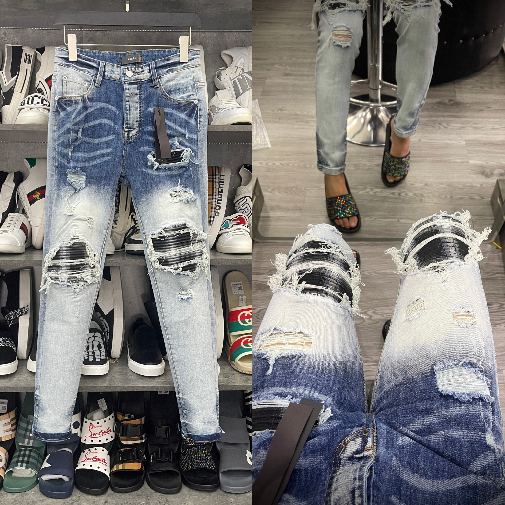 Quần jean bò nam Amiri slimfit xanh bạc vá vải nhăn sọc đen trắng cứng đùi gối rách tua xù 4 cúc QJ2