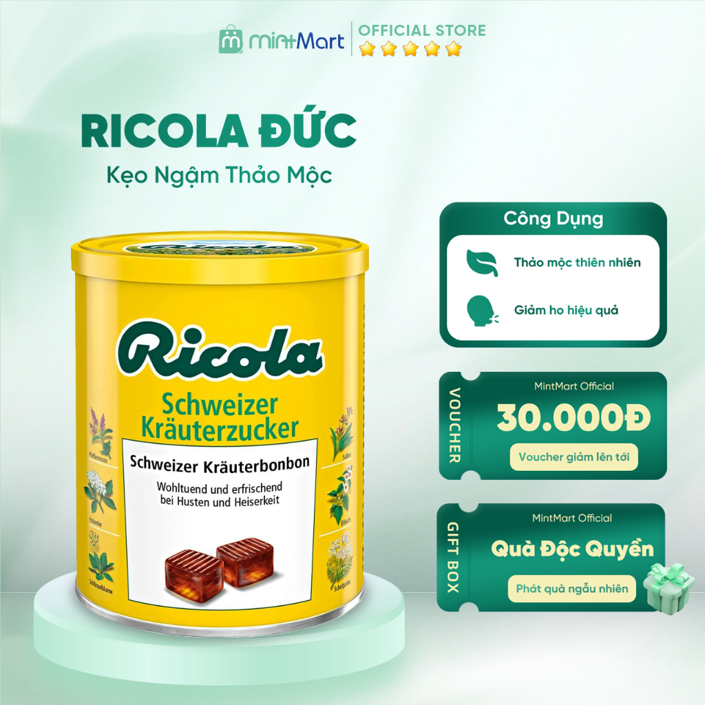 Kẹo Ngậm Thảo Mộc Ricola Đức - Kẹo cứng hương vị thảo mộc giúp thơm miệng, không gây sâu răng