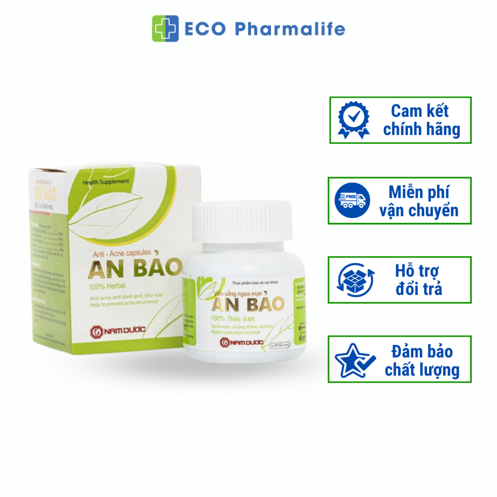 Viên Uống Ngừa Mụn An Bảo - Nam Dược - Lọ 30 Viên, Thanh Nhiệt, Giải Độc, Mát Gan, Hỗ Trợ Mờ Thâm, Sạch Mụn