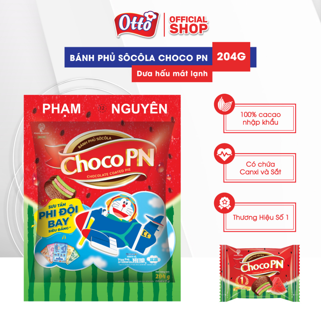 Combo 3 Túi Bánh phủ socola Choco PN Dưa Hấu 204G | Bánh ăn vặt Socola | Đồ ăn vặt