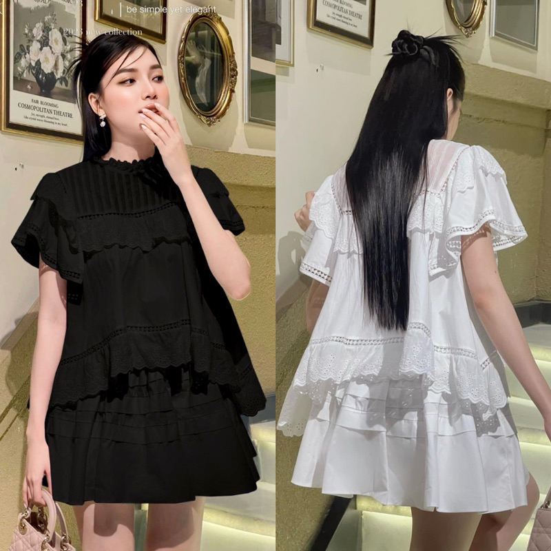 SET ÁO CROPTOP BABYDOLL TAY TIÊN VIỀN BÈO + CHÂN VÁY XOÈ XÔ REN HOA TRẮNG ĐEN