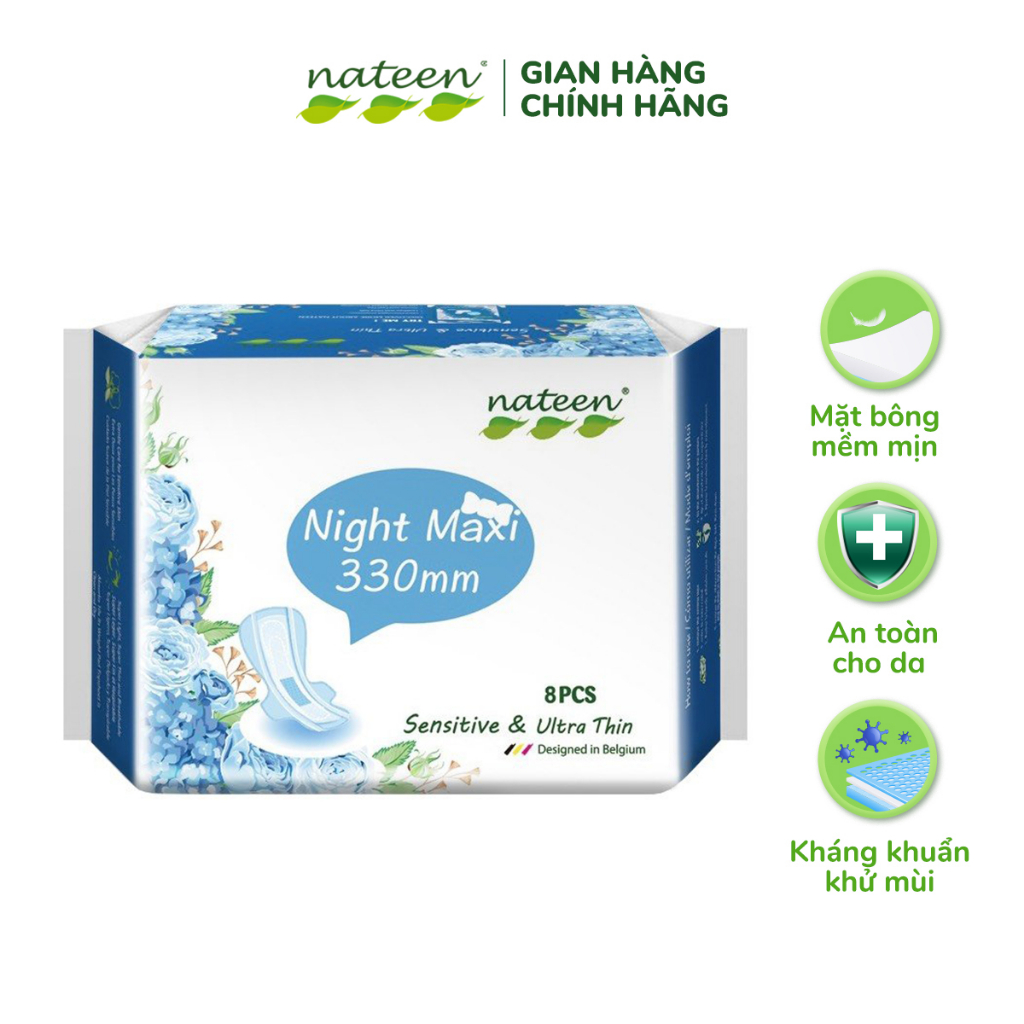 Băng Vệ Sinh Ban Đêm 33cm Hữu Cơ NATEEN Có Cánh Mềm Mỏng Tiện Lợi Dễ Chịu, Thấm Hút Nhanh An Toàn Cho Da Bịch 8 Miếng