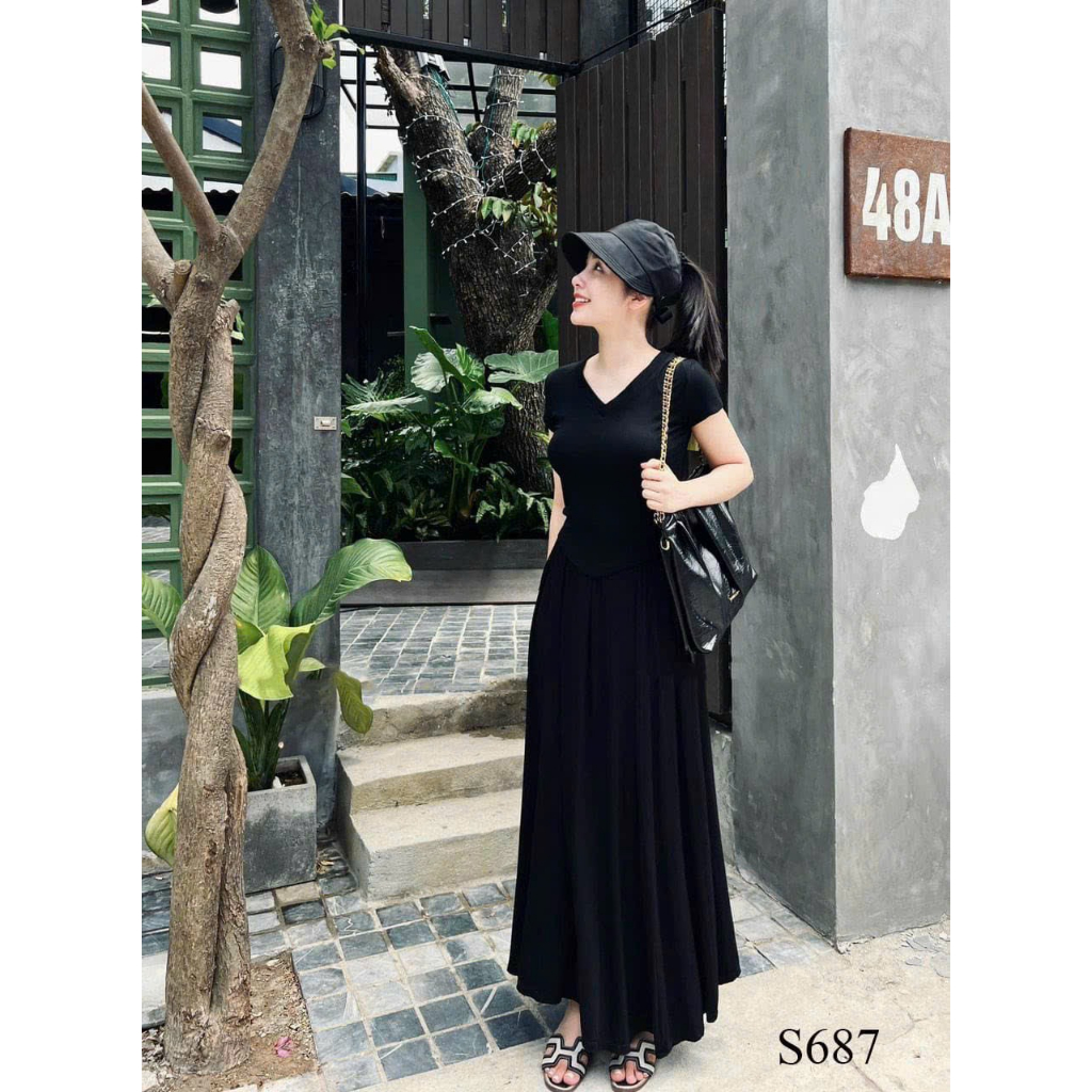 Set đồ nữ áo chân váy dài áo thun tôn eo tôn dáng tạo sự tối giản nhưng cá tính cho nữ