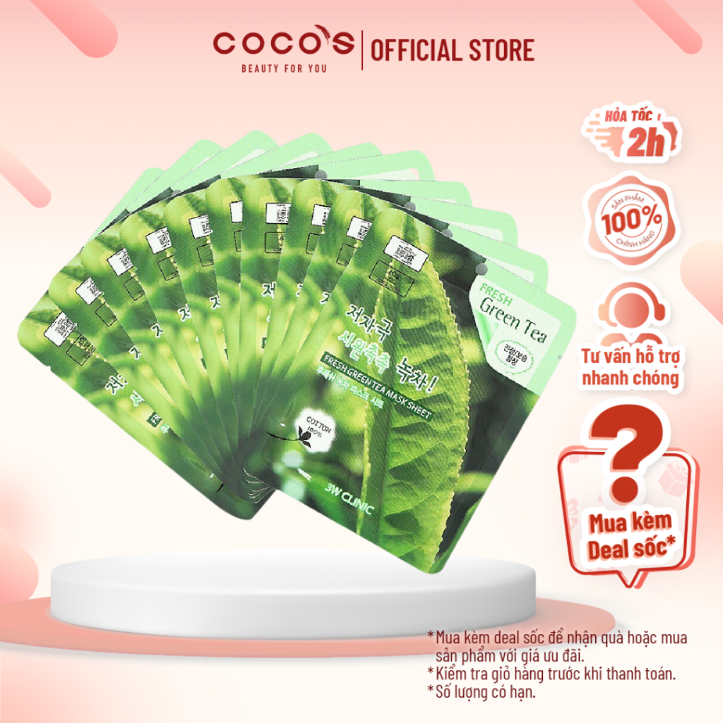 Combo 10 Mặt nạ dưỡng da Giảm mụn 3W Clinic Fresh Green Tea Mask Sheet 23ml x 10