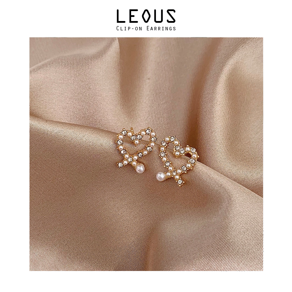 Khuyên tai kẹp không bấm lỗ chốt cố định K374 bằng hợp kim mạ vàng hình trái tim đính đá hạt trai dáng ngắn Leous