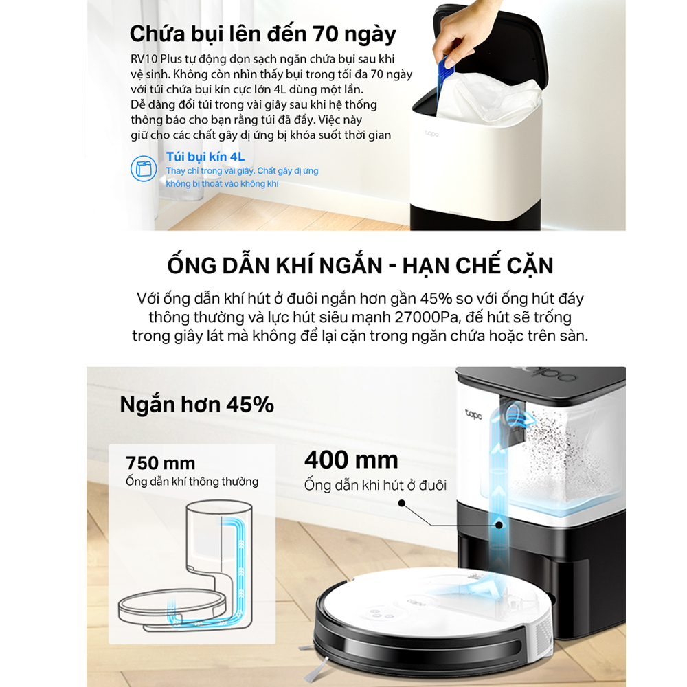 Robot Hút Bụi Và Lau Nhà + Dock Tự Động Đổ Rác Thông Minh TP-Link Tapo RV10 Plus