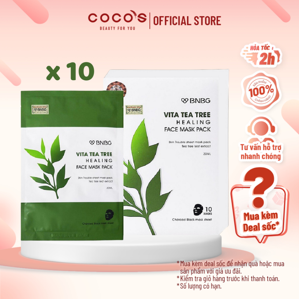 Combo 10 Mặt Nạ Giấy Chiết Xuất Tràm Trà Dành Cho Da Mụn BNBG Vita Tea Tree Healing Facial Mask 30ml x 10 [BNBG TEATREE]