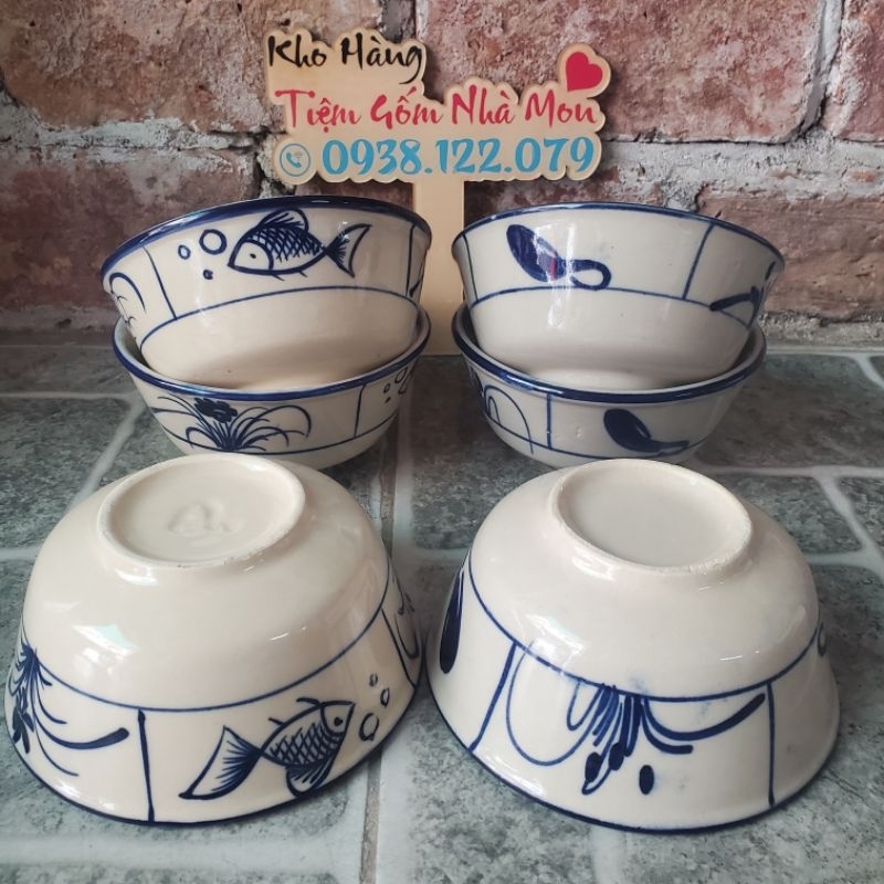 😘💥🌼🌿SET 5 TÔ GỐM THỦ CÔNG CAO CẤP KIỂU HOA VĂN XƯA (CUA VÀ CÁ) 14cm🌿🌼💥😋