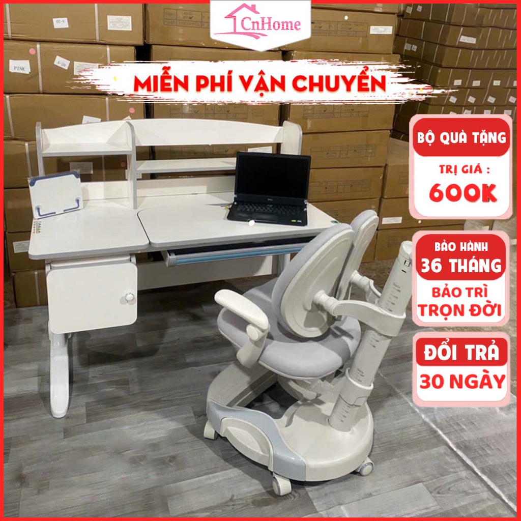 Bàn học 1m2 CnHome B1 bàn ghế chống gù chống cận, thông minh cho học sinh có kệ sách, nâng hạ tay quay